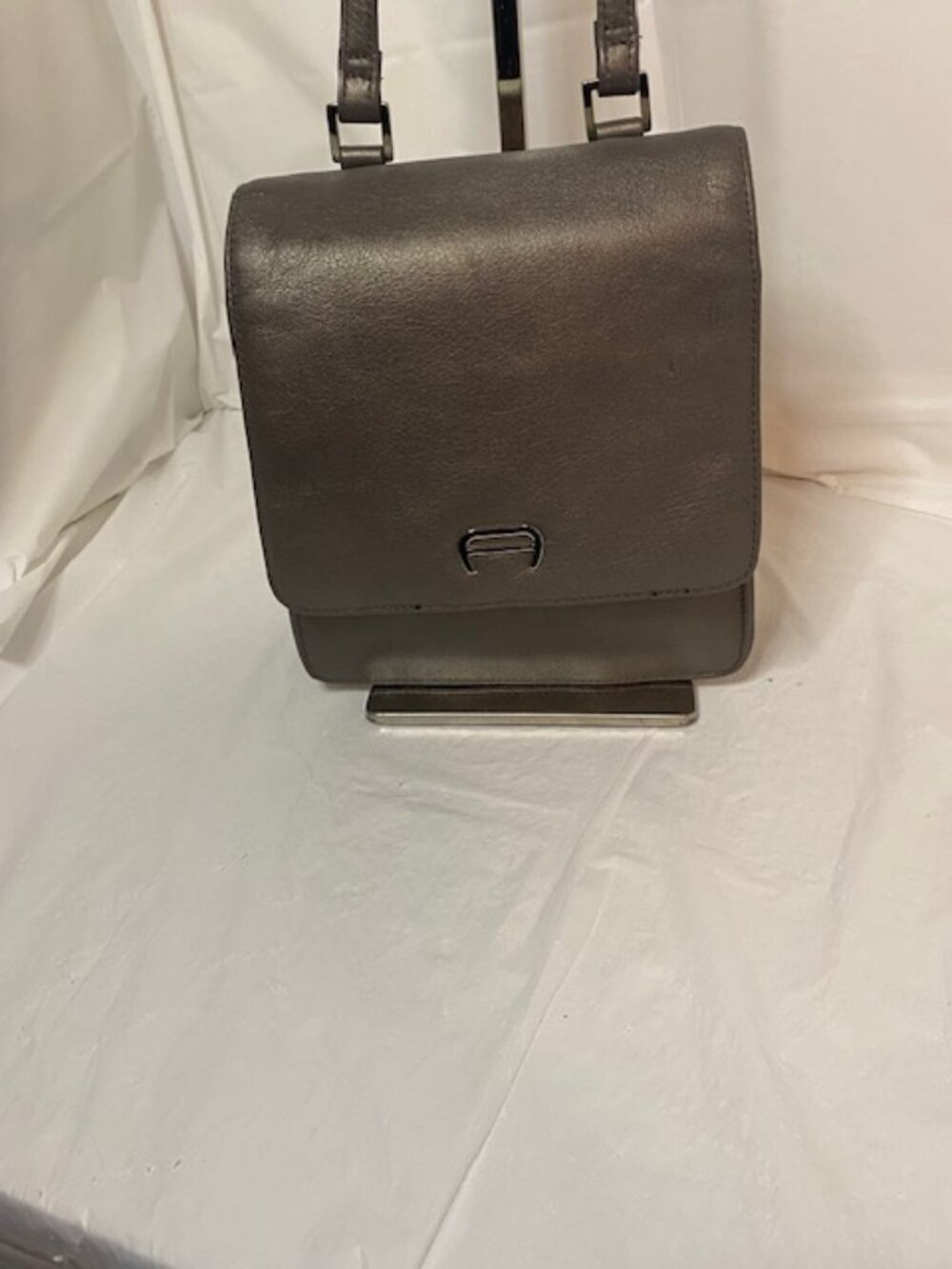 Etienne Aigner Metallic Gray Pewter Leather Crossbody Flap Bag
